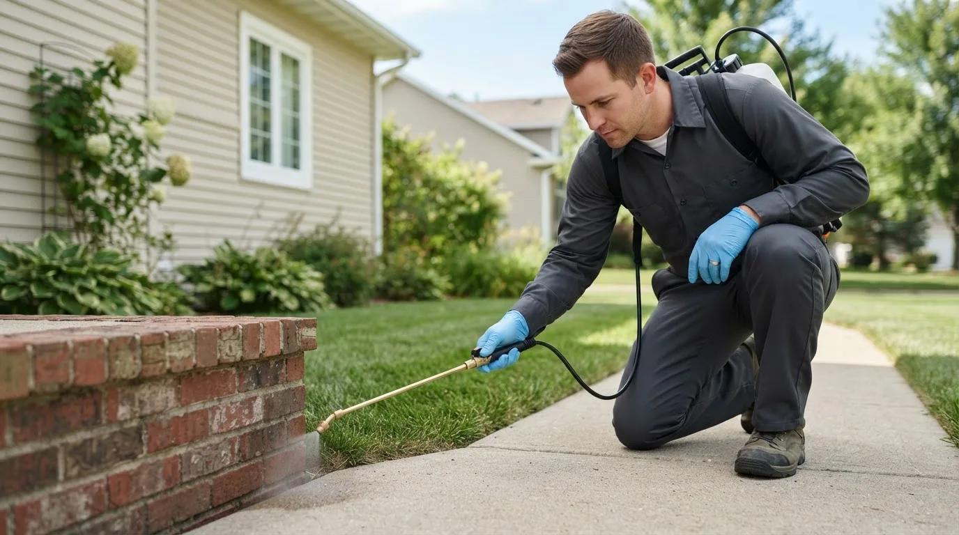 Pest control technician treating a home near Lorado, WV